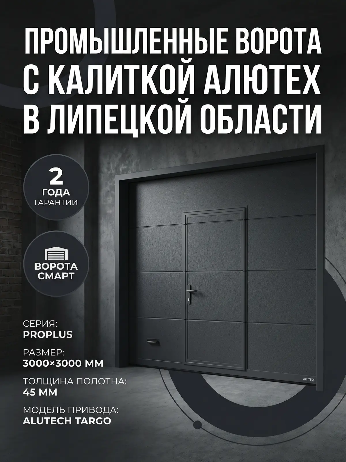 Промышленные ворота 3000×3000 с калиткой — Alutech ProPlus 45 мм